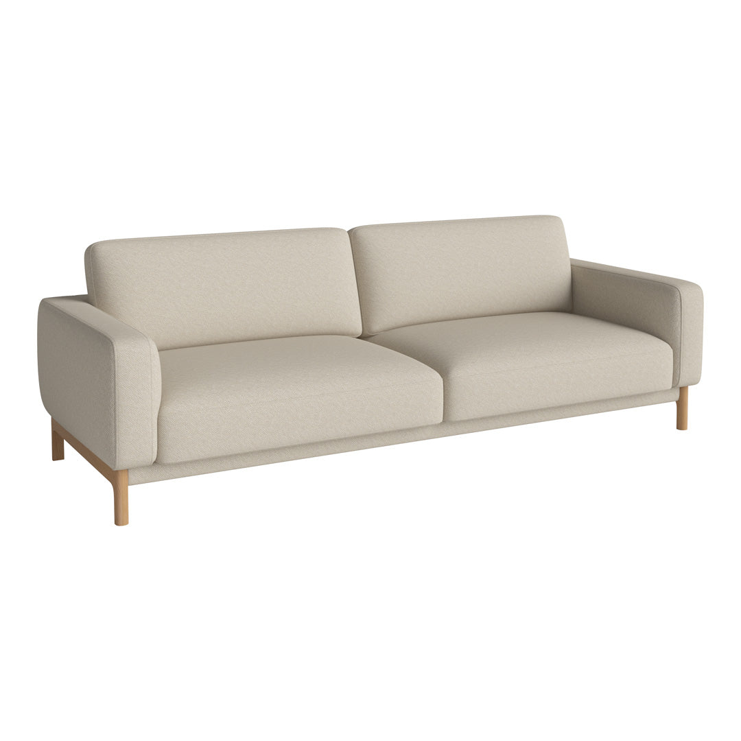Beige two-seater sofa with a minimalist design and wooden legs, featuring a smooth, clean upholstery pattern.