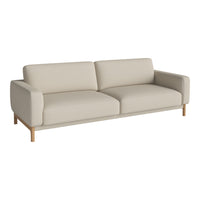Beige two-seater sofa with a minimalist design and wooden legs, featuring a smooth, clean upholstery pattern.