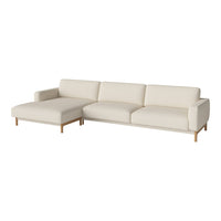 Stylish light beige sectional sofa with clean lines and minimalistic design, featuring natural wood legs.