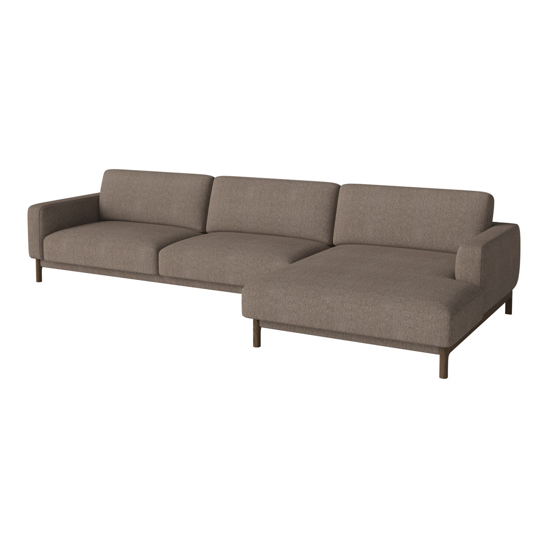 Stylish brown sectional sofa with a modern design and smooth fabric texture, perfect for any living space.