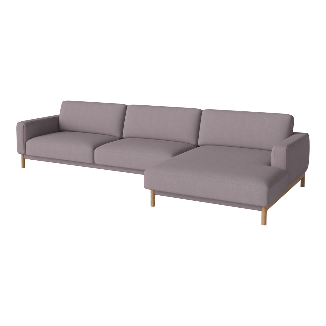 Light gray sectional sofa with a minimalist design and wooden legs, featuring a sleek, smooth fabric finish.