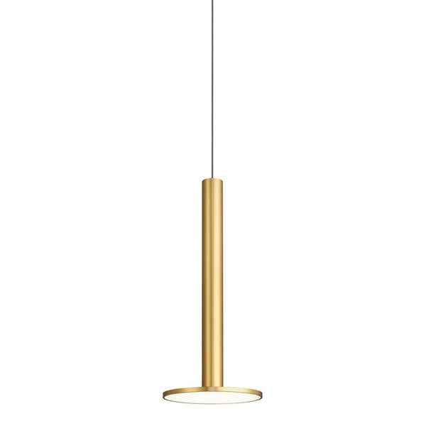 Sleek gold pendant light with a minimalist design and a circular white shade. Ideal for modern decor.