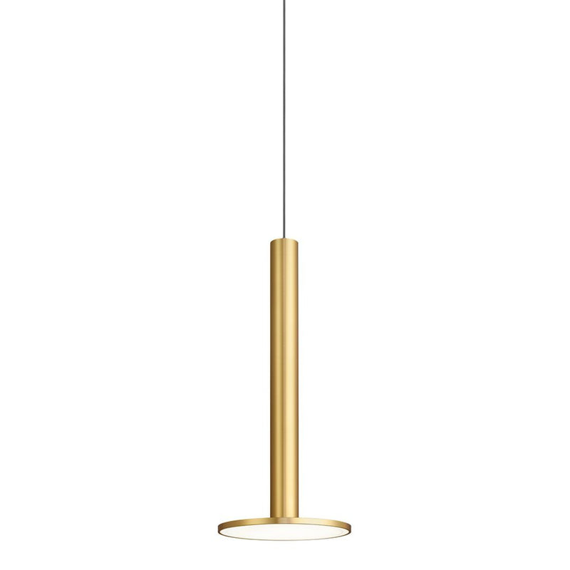 Sleek gold pendant light with a minimalist design and a circular white shade. Ideal for modern decor.