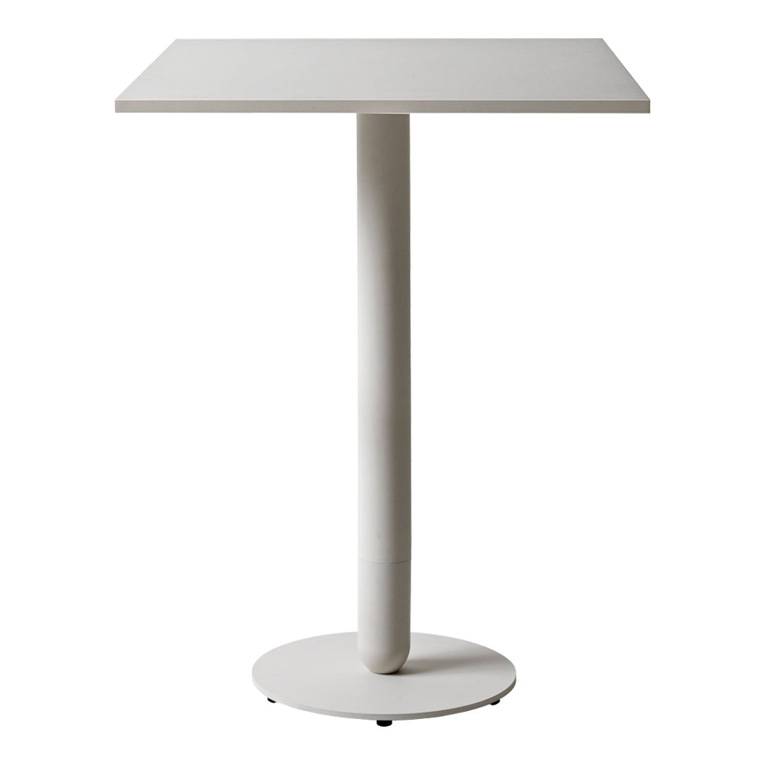 Modern white square bar table with a sleek cylindrical base, minimalist design, perfect for contemporary spaces.