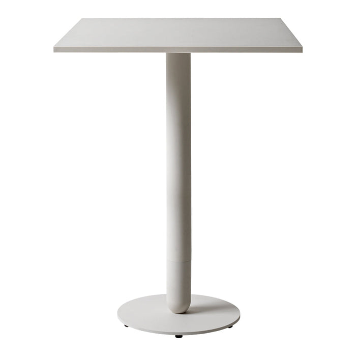 Modern white square bar table with a sleek cylindrical base, minimalist design, perfect for contemporary spaces.