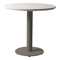 Modern round table with a white top and a sleek gray base, featuring a minimalist design. Ideal for any space.