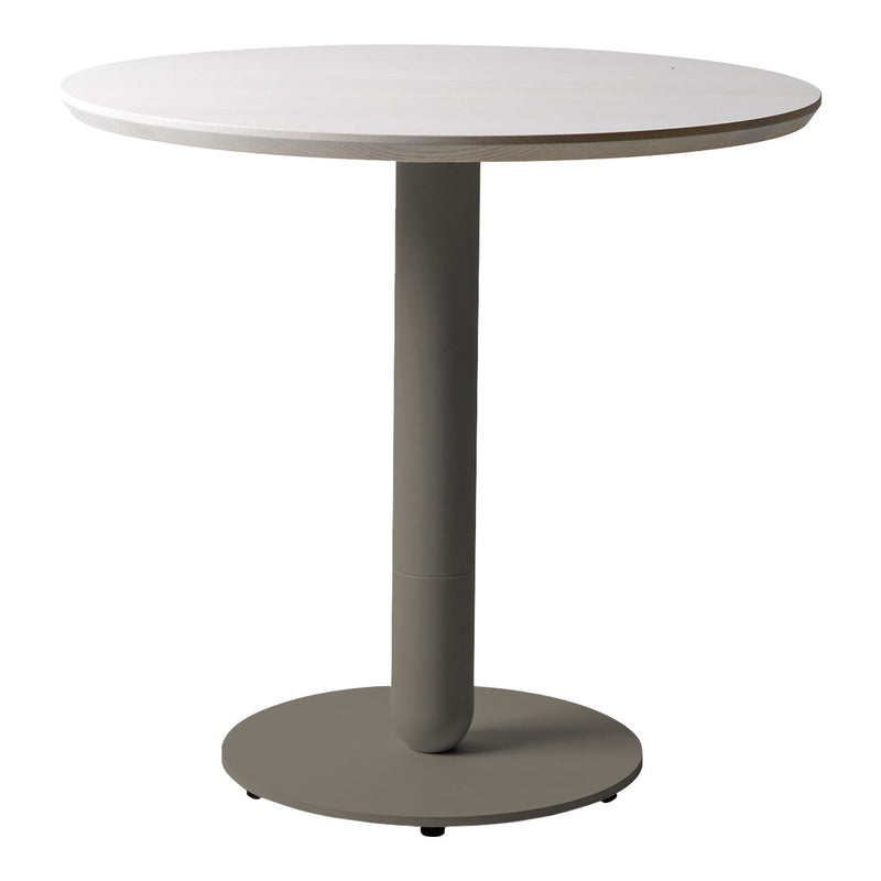 Modern round table with a white top and a sleek gray base, featuring a minimalist design. Ideal for any space.