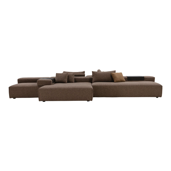 Modern sectional sofa in rich brown fabric with textured cushions, featuring a minimalist design and deep seating.