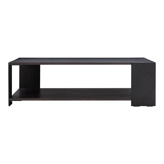 Sleek black coffee table with a minimalist design and smooth matte finish, featuring clean lines and simple structure.