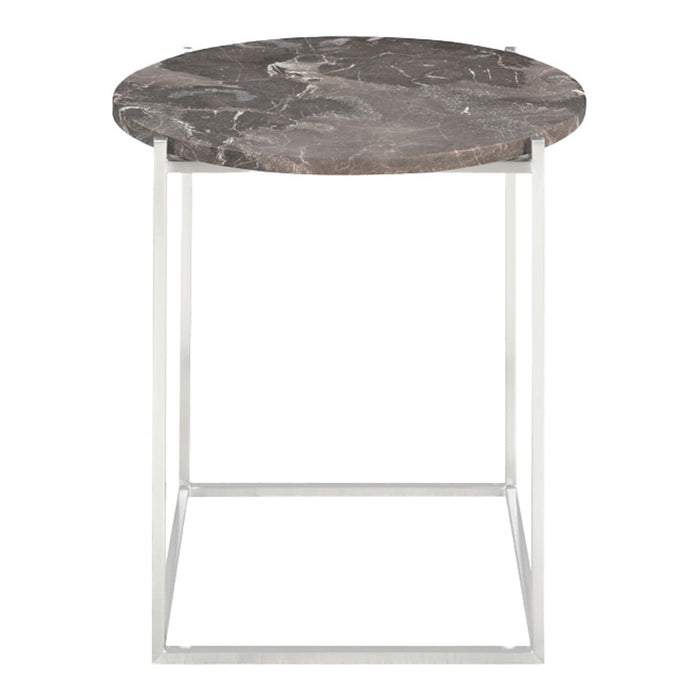 Round tabletop in dark gray marble with white veining, supported by a sleek white metal frame.