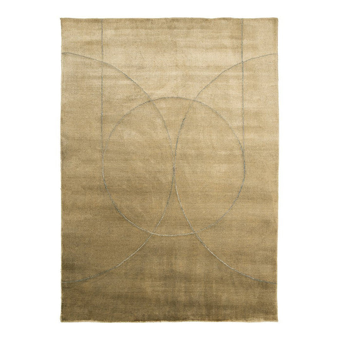 Abstract gold area rug with a subtle geometric design in light and dark shades of beige and cream.