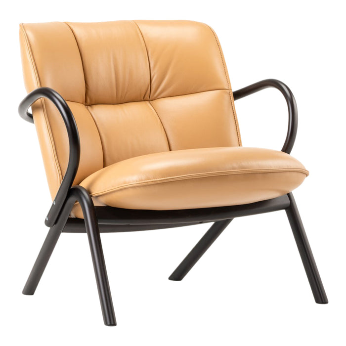 Tan leather armchair with sleek black metal frame, featuring a modern, minimalist design and soft, rounded cushions.