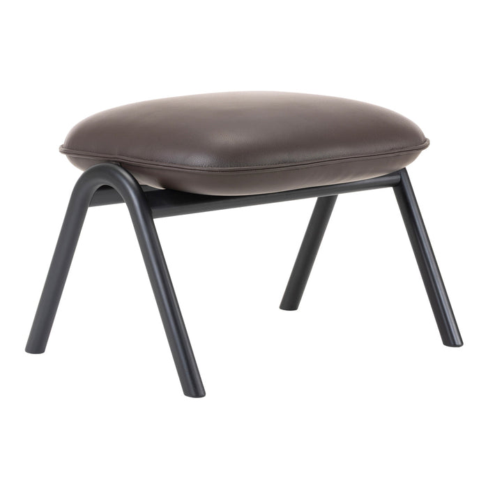 Brown leather cushion on a sleek black metal frame, featuring smooth, modern lines and a minimalist design.