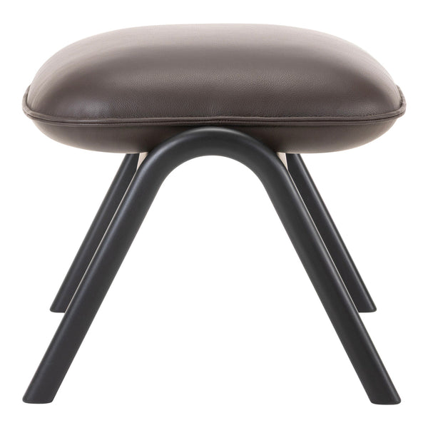Brown leather cushioned stool with sleek black metal legs, featuring a minimalist design and smooth texture.