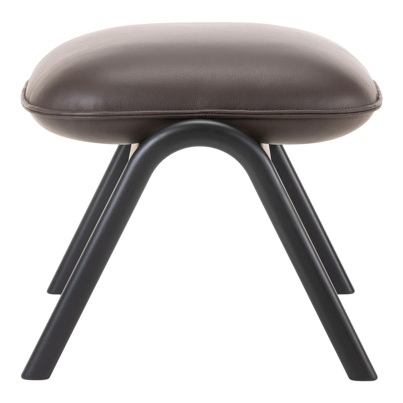 Brown leather cushioned stool with sleek black metal legs, featuring a minimalist design and smooth texture.