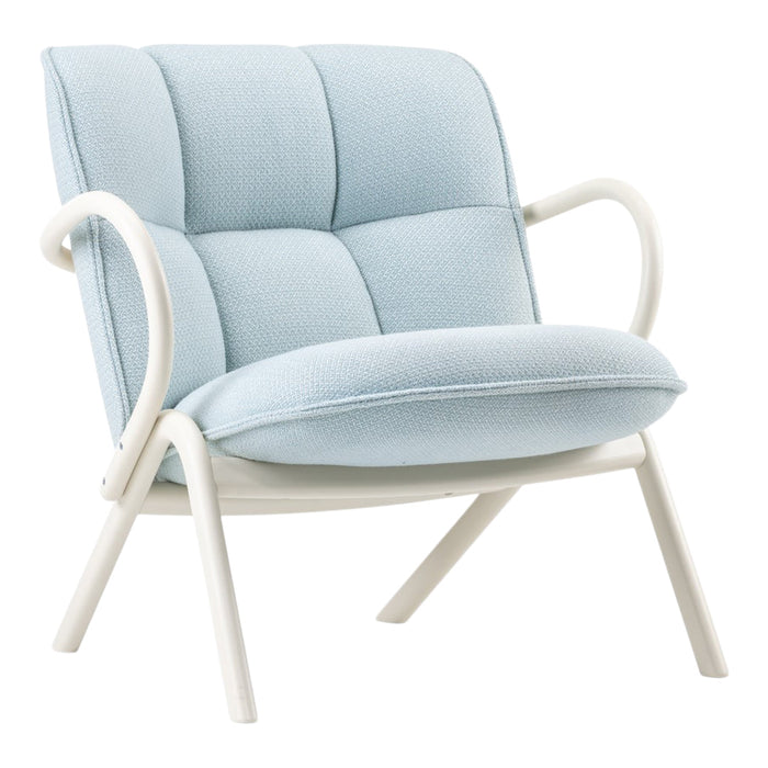 Light blue textured fabric chair with a white frame, featuring a modern, minimalist design. Perfect for contemporary spaces.