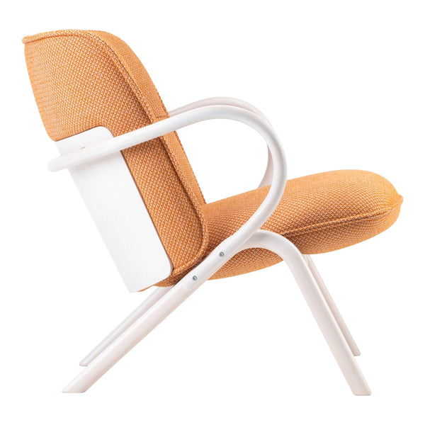 Side view of a modern chair featuring a vibrant orange woven fabric and light wood frame. Perfect pop of color for any space.