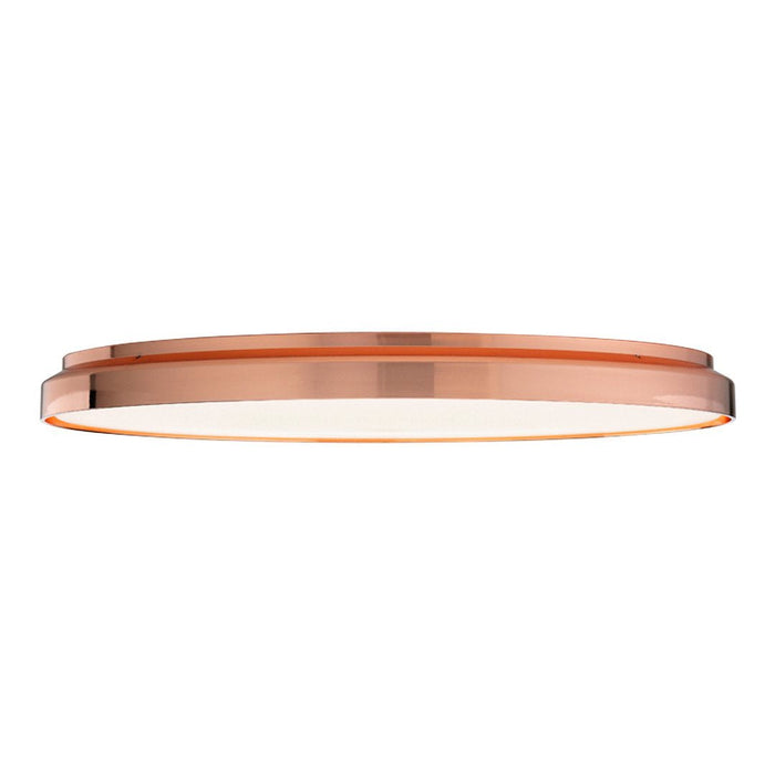 Copper ceiling light with a sleek, flat design and a polished finish, radiating a warm metallic glow.