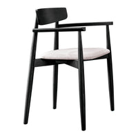 Black wooden chair with a light fabric seat, featuring minimalist design and clean lines. Perfect for modern decor.