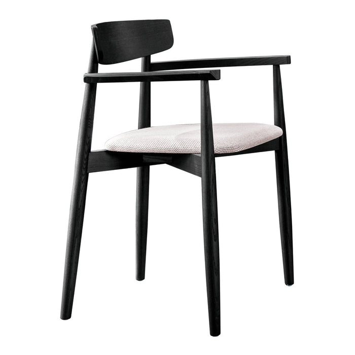 Black wooden chair with a light fabric seat, featuring minimalist design and clean lines. Perfect for modern decor.