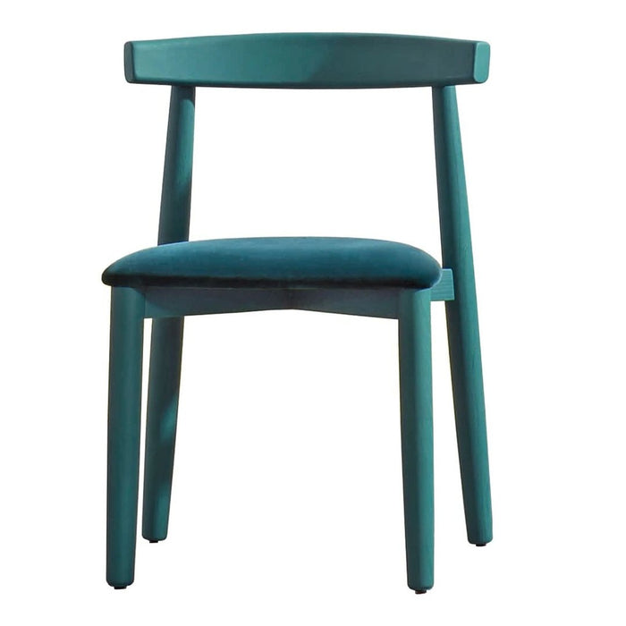 Teal wooden chair with a minimalist design and solid color, featuring a smooth finish and simple lines.