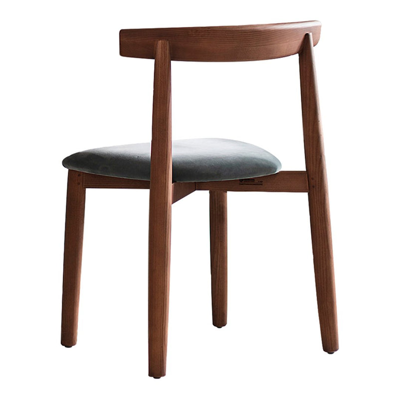 Mid-century wooden chair with a rich brown finish and a soft green upholstered seat. Simple and modern design.