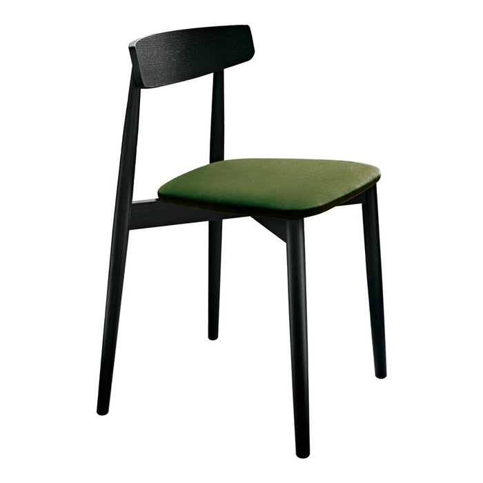 Black wooden chair with a solid green upholstered seat, featuring a minimalist design. Ideal for modern decor.