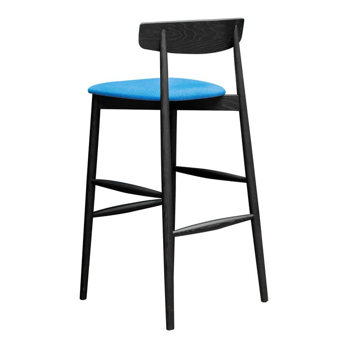 Black wooden bar stool with a solid blue upholstered seat, featuring a minimalist design and sleek lines.