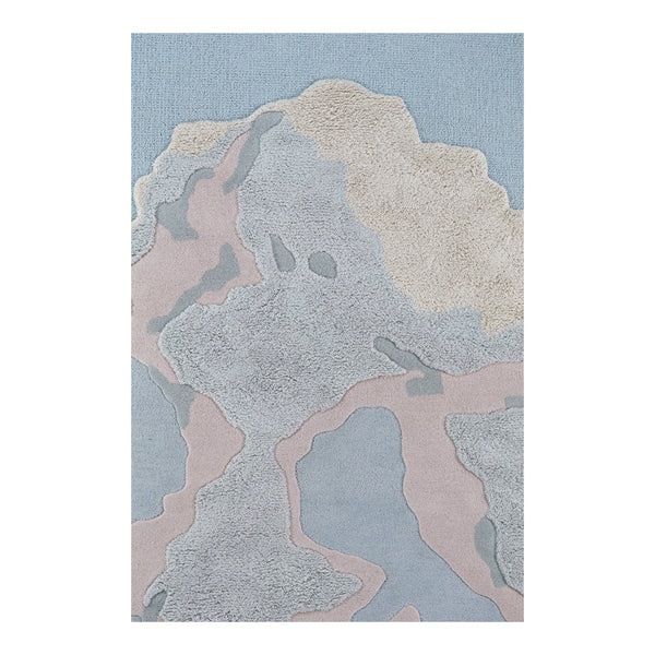 Abstract area rug featuring soft blue, cream, and muted pink patterns with textured, organic shapes. Ideal for modern decor.