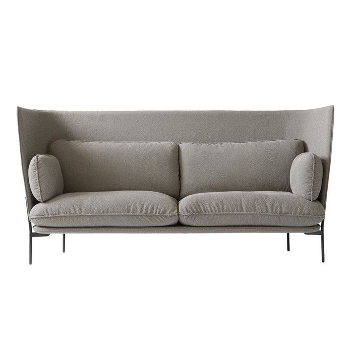 Light gray upholstered sofa with smooth texture and minimalist design, featuring soft rounded cushions.