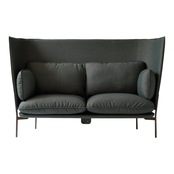 Dark green upholstered sofa with soft cushions and a modern, sleek design featuring a high back.