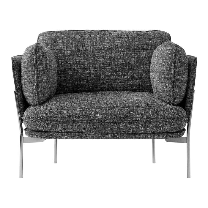 Gray upholstered loveseat with a textured fabric and unique, rounded armrests on sleek metal legs.