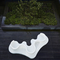 White abstract wavy design on dark wooden surface, surrounded by lush green foliage. 