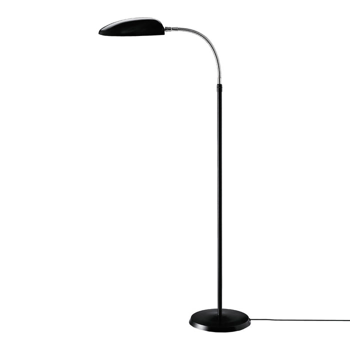 Sleek black floor lamp with a curved neck and minimalist design, featuring a glossy finish and sturdy base.