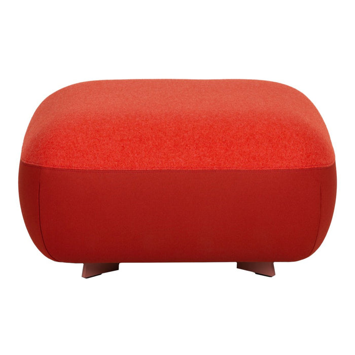 Bright red upholstered ottoman with a smooth texture and rounded shape, perfect for modern decor.