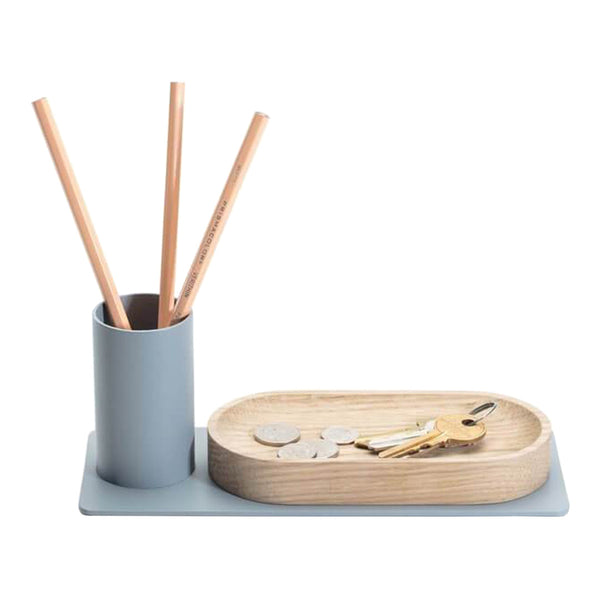 "Stylish gray desk organizer with wooden tray, featuring sleek lines and minimalistic design, perfect for modern decor."