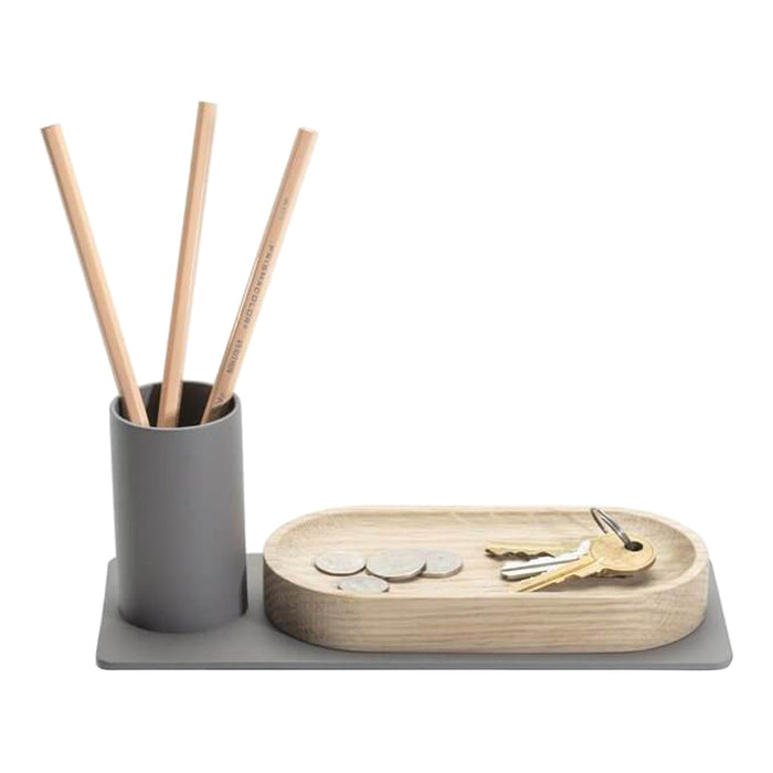 Elegant gray organizer with natural wood tray and minimalist design; features smooth surfaces and sleek lines.