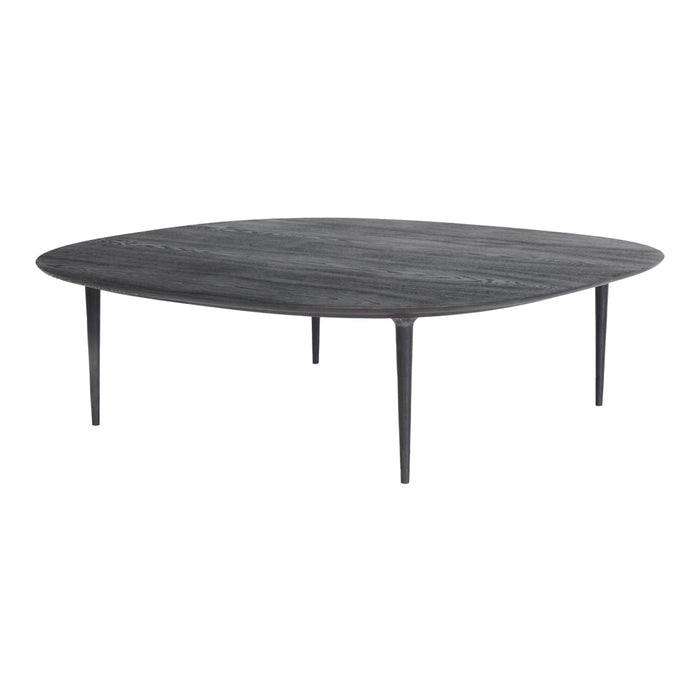 Sleek oval coffee table in dark gray with smooth surface and minimalist black legs, perfect for modern decor.