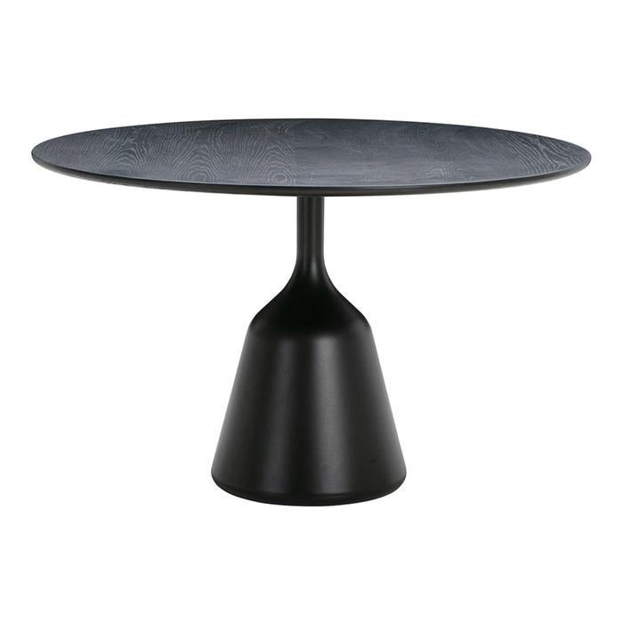 Black round dining table with a textured surface and a sleek, cone-shaped base. Modern and minimalist design.