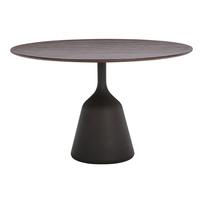 Round wooden table with a dark brown top and smooth black base, featuring a minimalist and modern design.