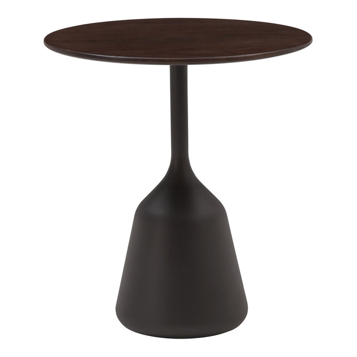 Round brown tabletop with a sleek black conical base, featuring a modern minimalist design and smooth finishes.
