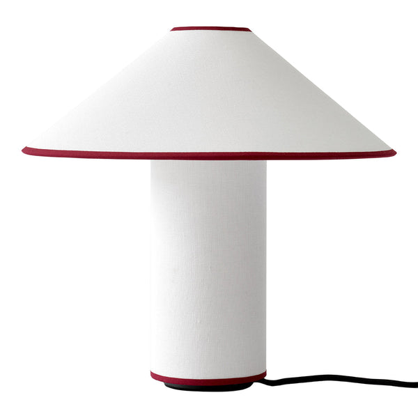 White lamp with red trim and a conical shade, featuring a sleek, modern design and simple geometric patterns.