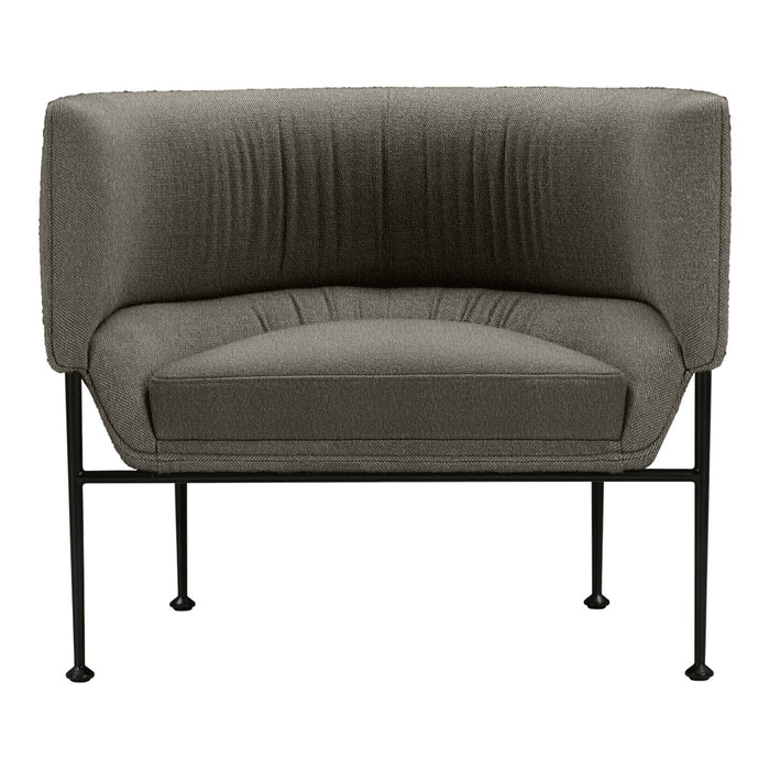 Stylish gray upholstered chair with a ribbed texture and sleek black metal legs, perfect for modern decor.