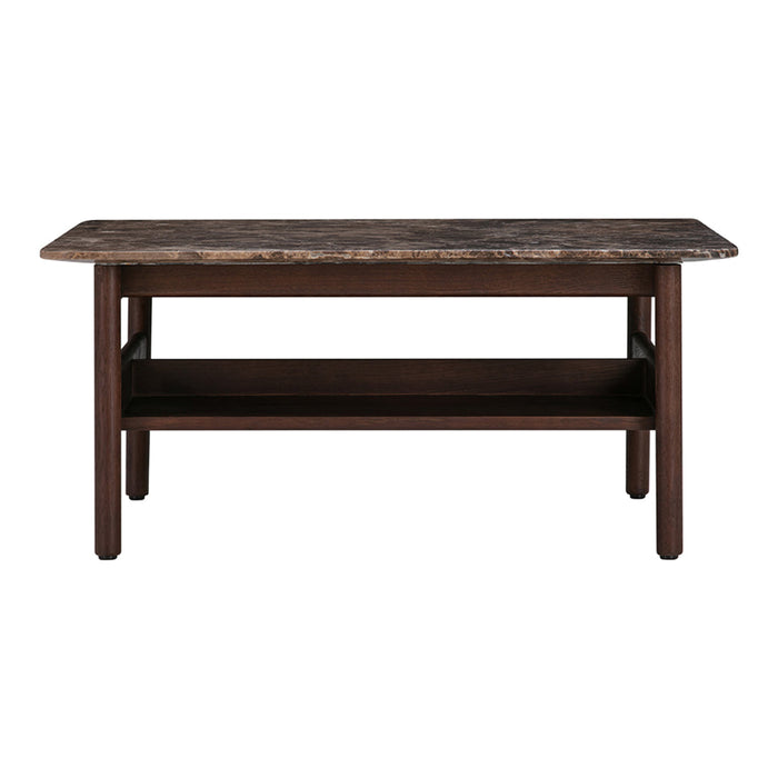 Brown wooden coffee table with a natural stone patterned top and a sleek, minimalist design. Perfect for modern decor.