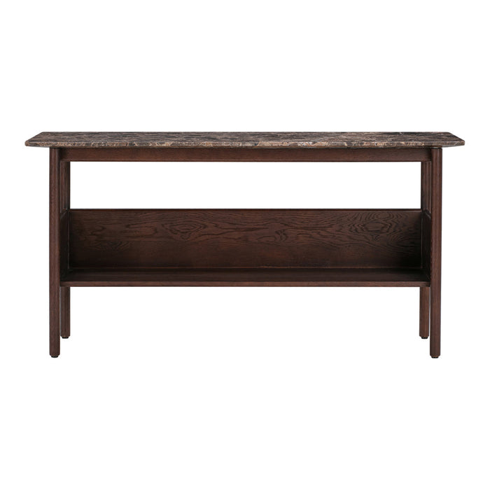 Dark wood console table with a contrasting marble top, featuring rich brown hues and subtle texture. Perfect for modern decor.