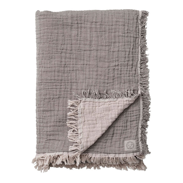Soft gray blanket with a textured pattern, featuring a contrasting light gray underside and fringed edges.