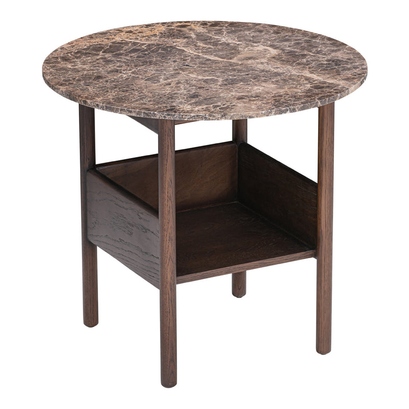 Round table with a dark marble top and a walnut wood frame featuring a minimalist design. Perfect for modern decor.