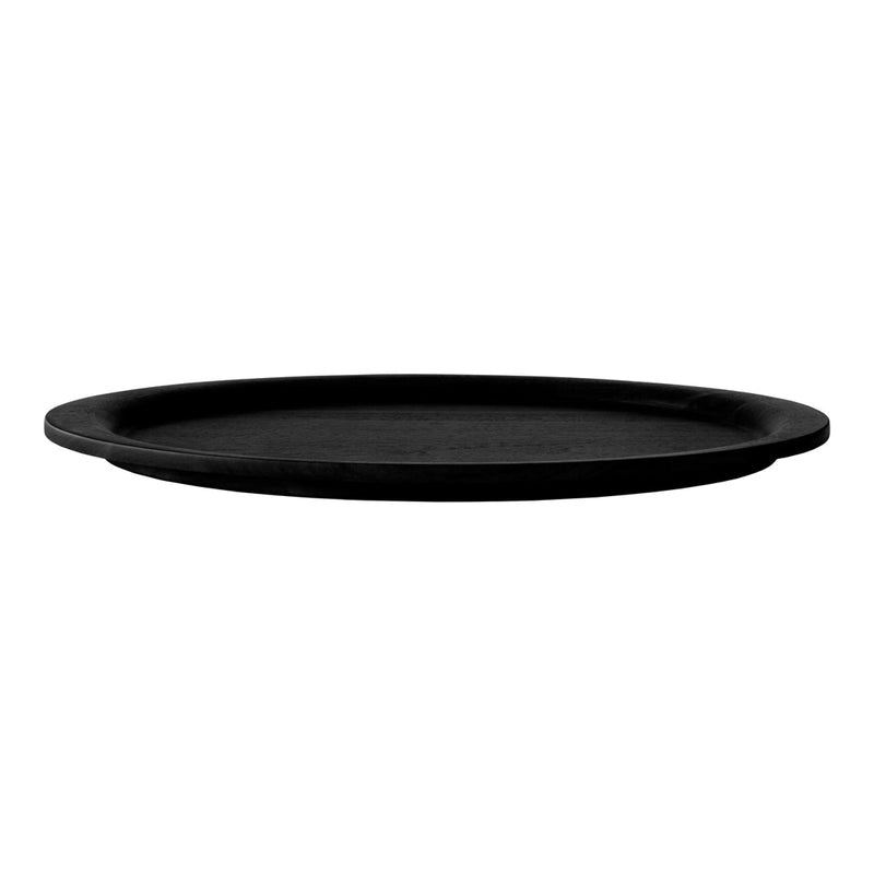 Black round tray with a smooth, matte finish and subtle textured patterns. Perfect for modern table settings.