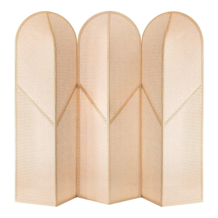 Beige folding room divider with geometric patterns and rounded tops, adding a stylish touch to any space.