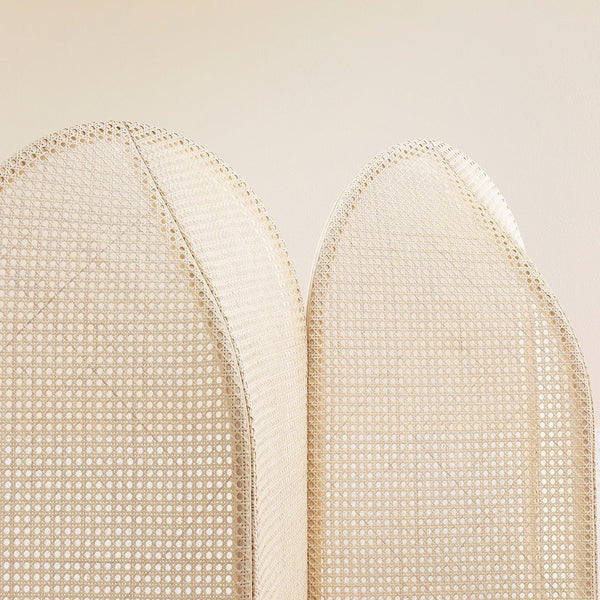 Beige woven rattan panels with subtle patterns and rounded edges for a modern, airy aesthetic.